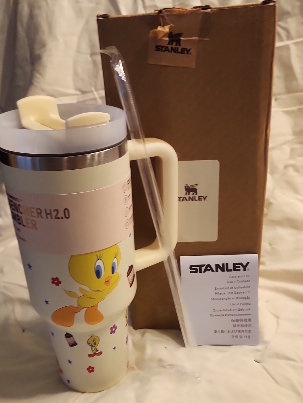 Stanley Cream Tweety Insulated Travel Mug with Handle and Straw